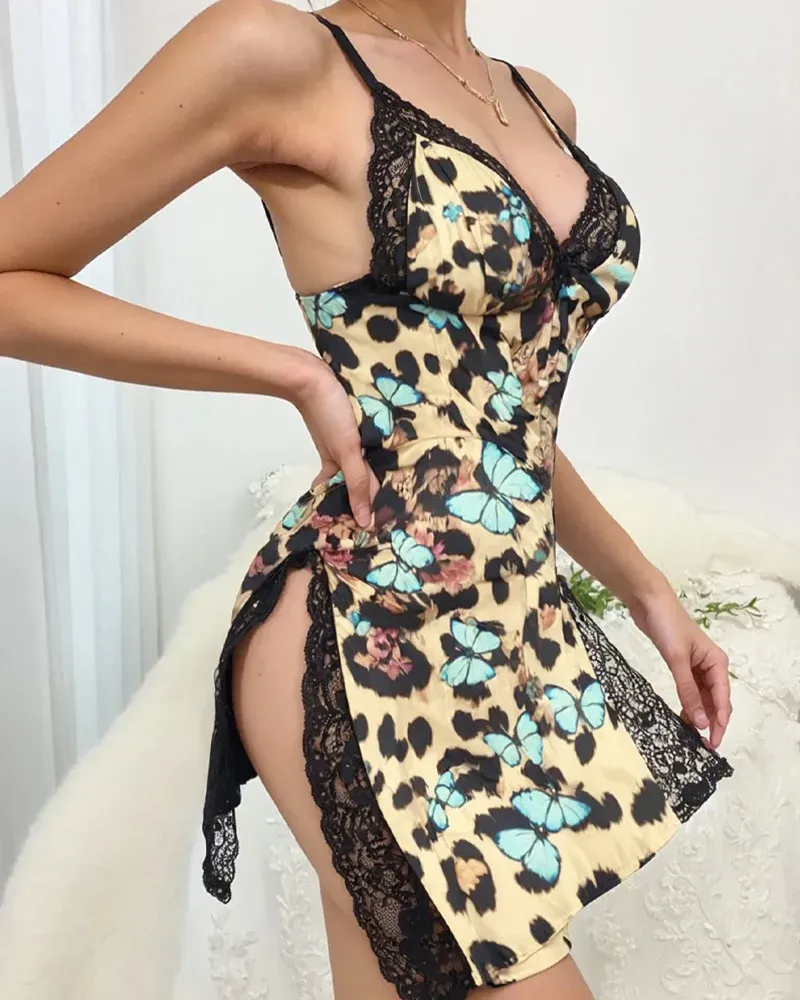 🎉- Lace Trim Slit Bowknot Decor Sleep Dress