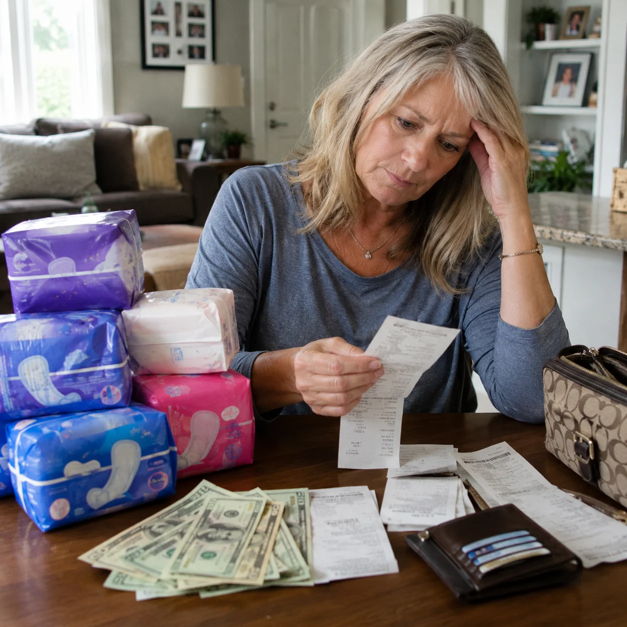 Stacks of pads and liners beside cash and receipts