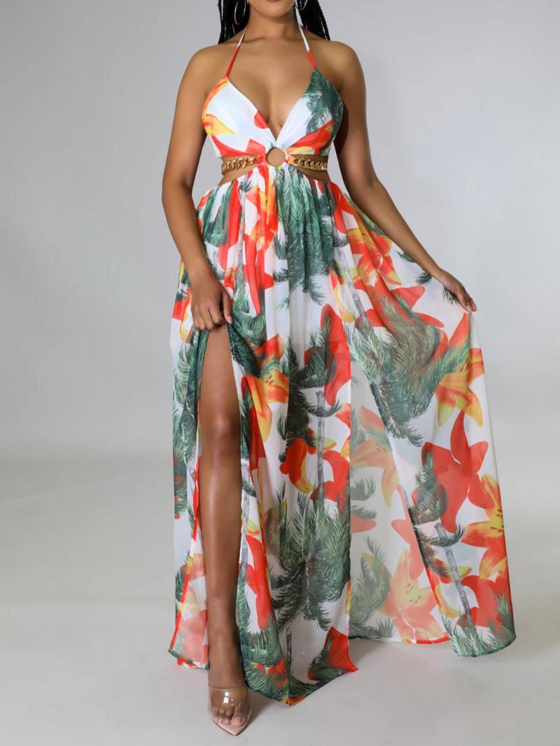 Women's Floral Print Chain Decor Split Thigh Dress