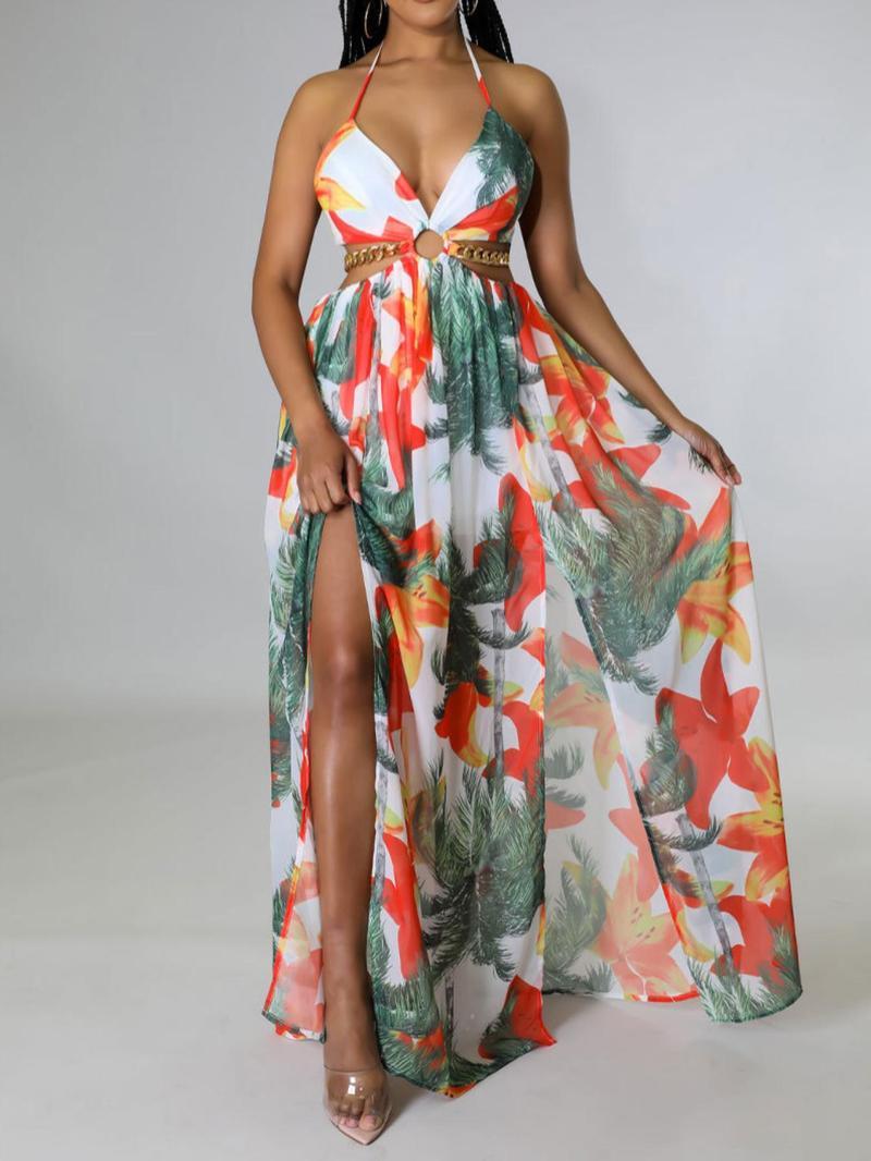 Women's Floral Print Chain Decor Split Thigh Dress