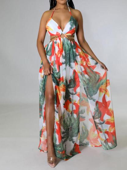 Women's Floral Print Chain Decor Split Thigh Dress