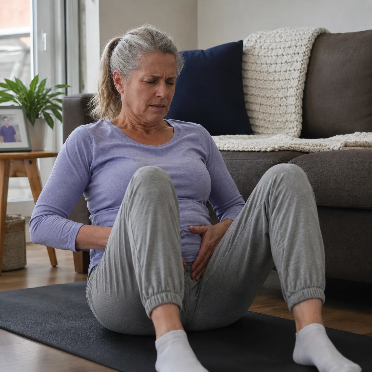 Woman sitting on an exercise mat at home
