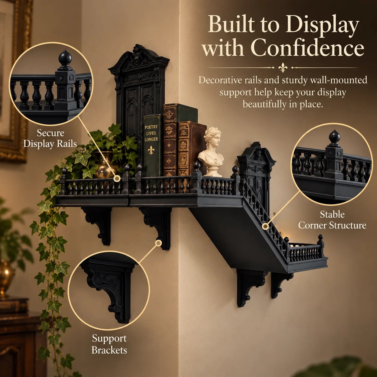 Close-up view of the gothic architectural shelf details