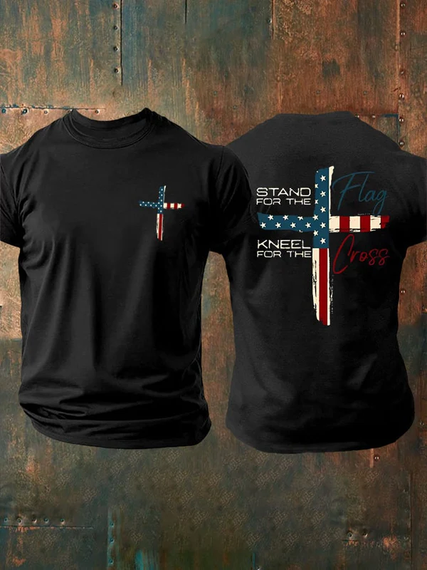 Men's Stand For The Flag Kneel For The Cross Printed Casual T-Shirt