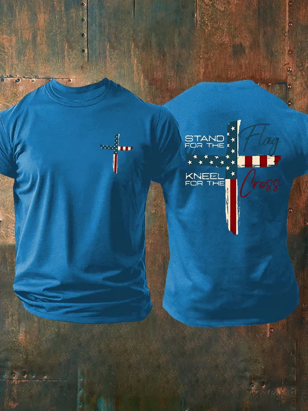 Men's Stand For The Flag Kneel For The Cross Printed Casual T-Shirt