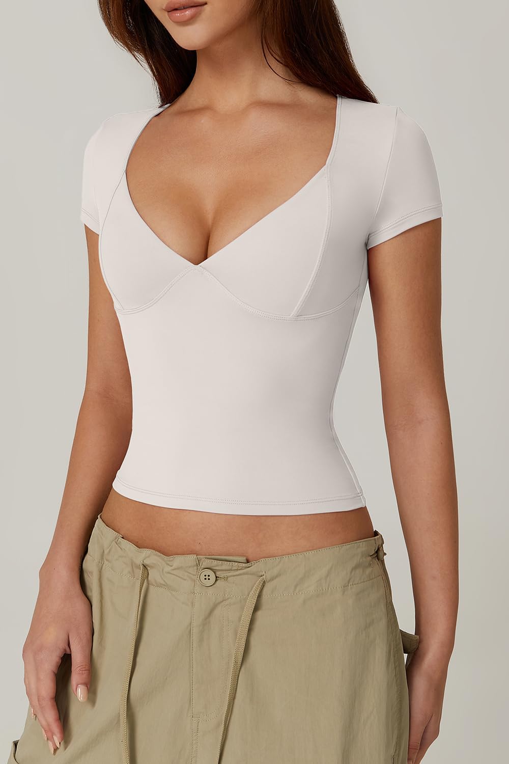 Vibecurve® Women's V Neck Short Sleeve T Shirts Double Lined Tee Seamed Cup Going Out Tops