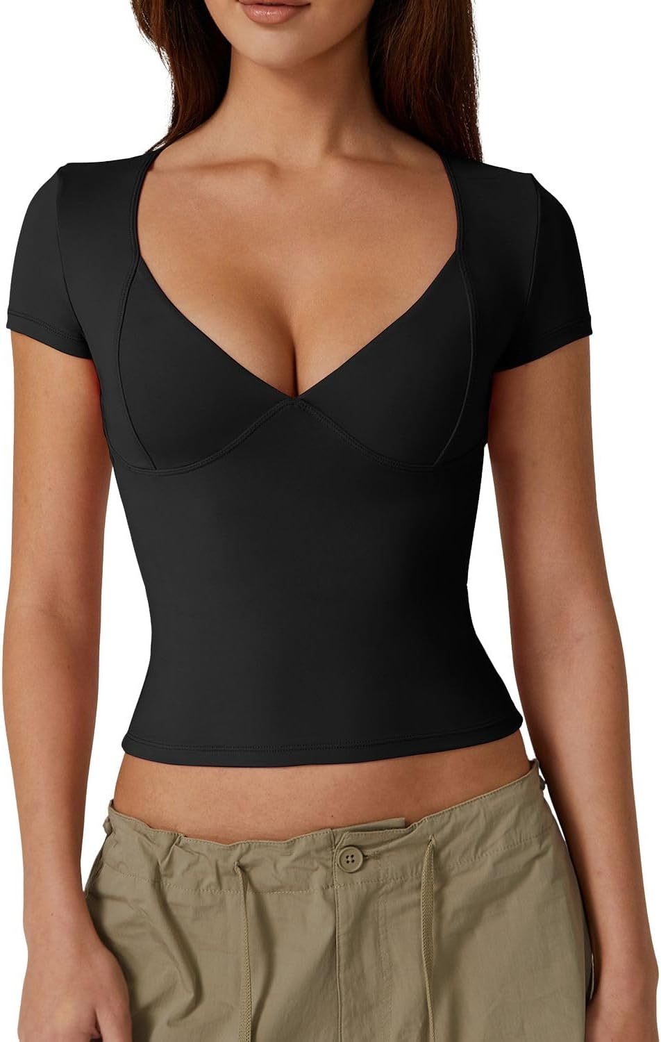 Vibecurve® Women's V Neck Short Sleeve T Shirts Double Lined Tee Seamed Cup Going Out Tops