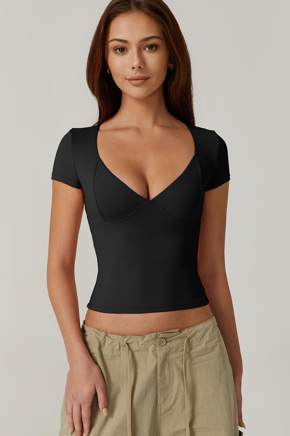 Vibecurve® Women's V Neck Short Sleeve T Shirts Double Lined Tee Seamed Cup Going Out Tops