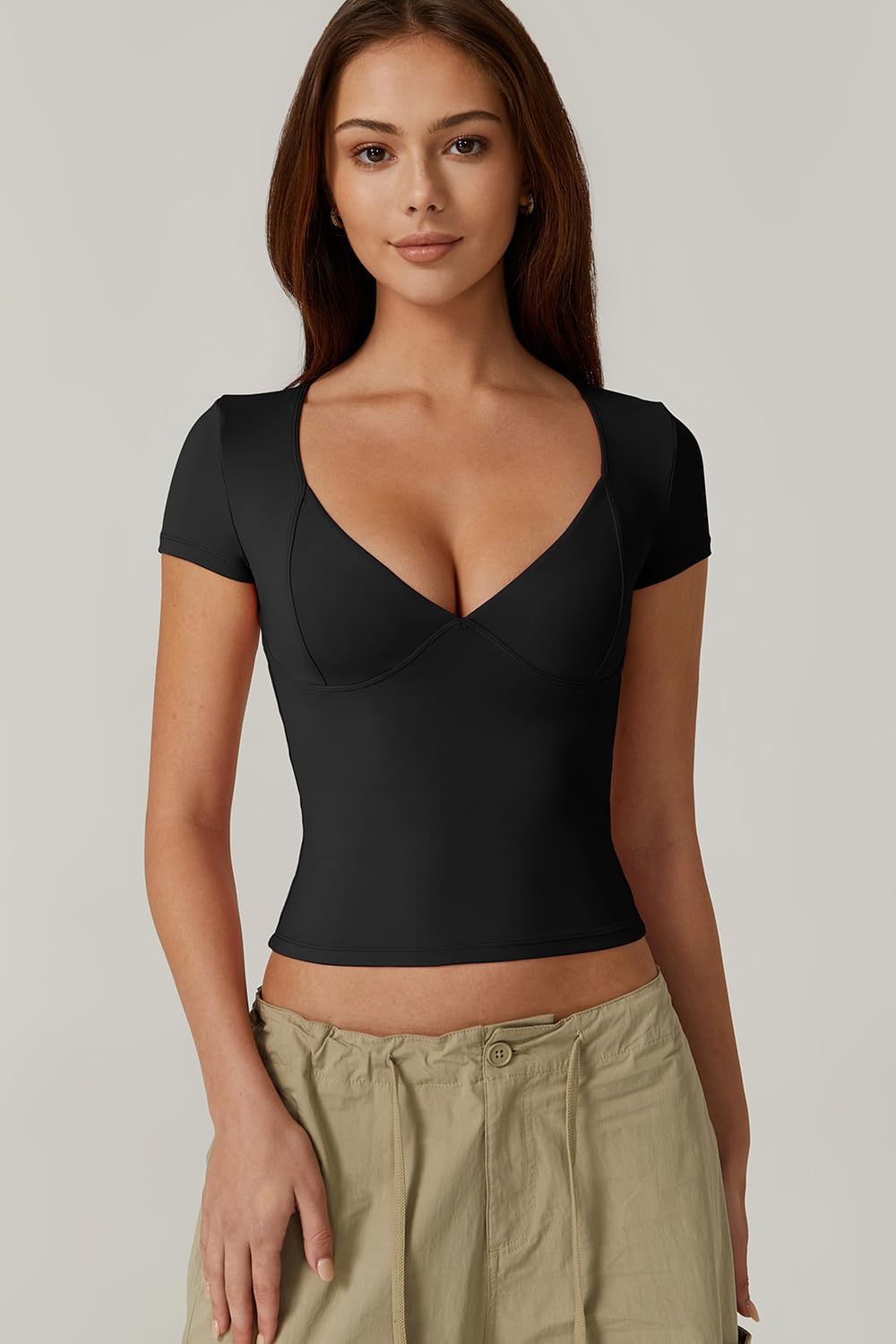 Vibecurve® Women's V Neck Short Sleeve T Shirts Double Lined Tee Seamed Cup Going Out Tops