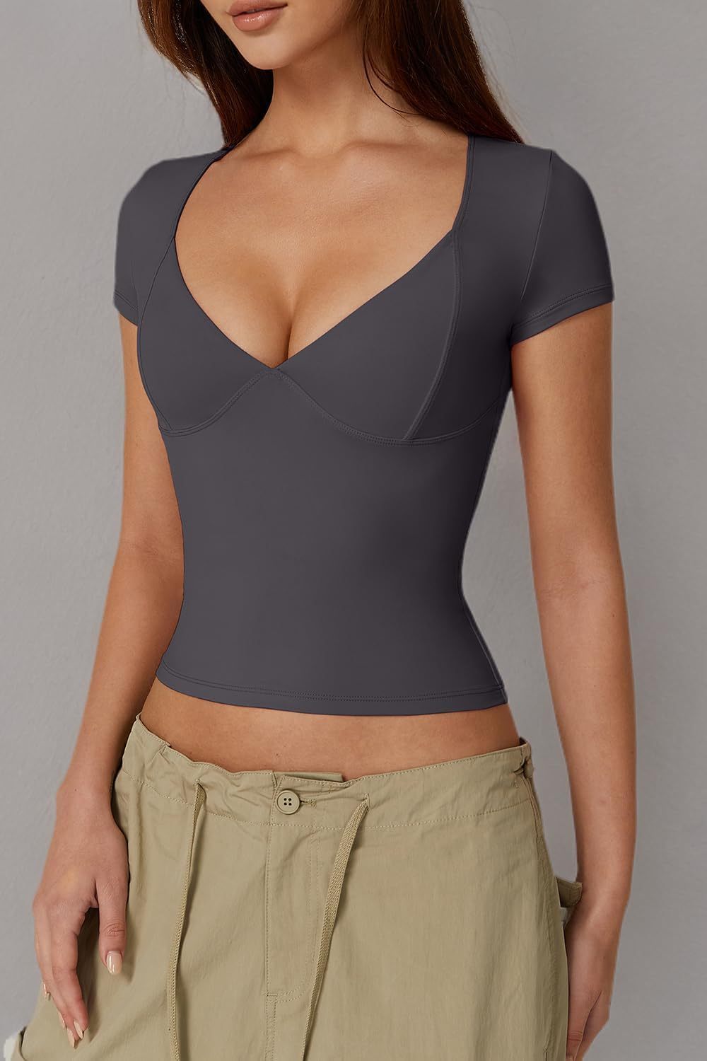 Vibecurve® Women's V Neck Short Sleeve T Shirts Double Lined Tee Seamed Cup Going Out Tops