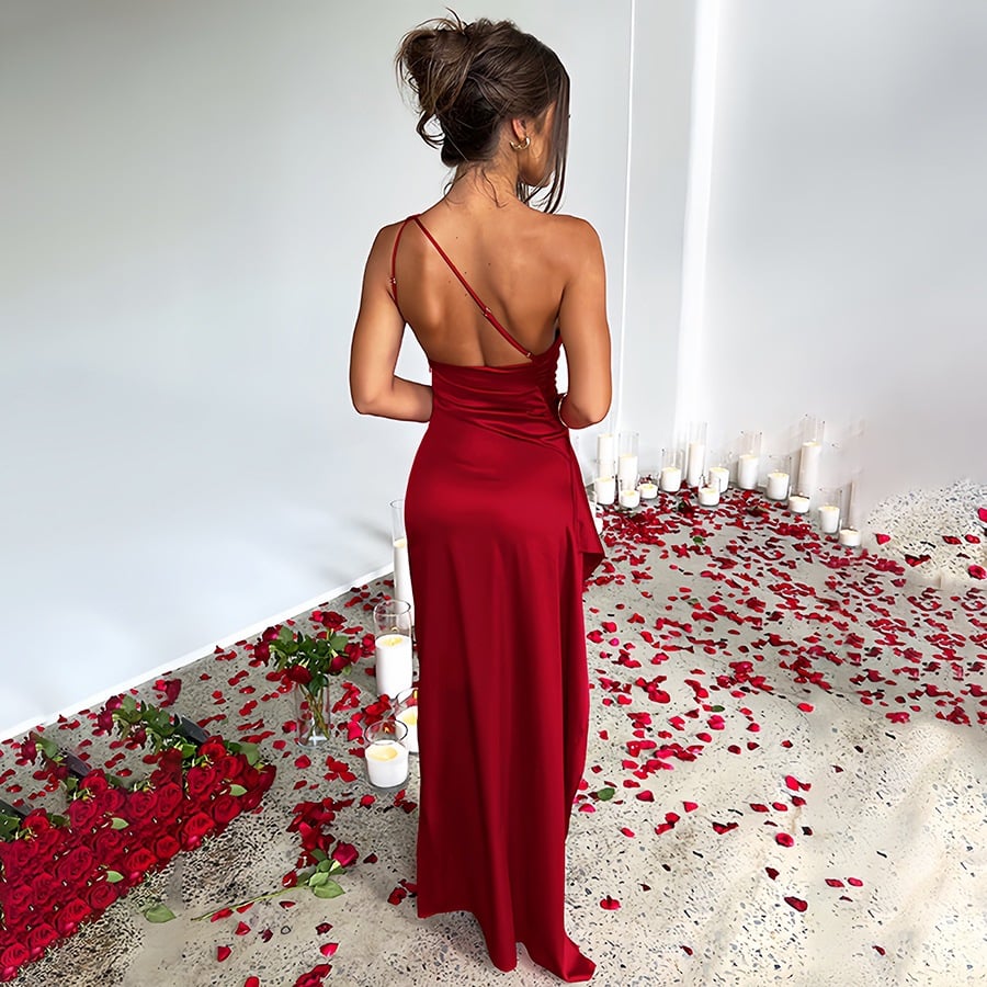 Women's Sexy One Shoulder Satin High Split Cocktail Fit Wedding Party Maxi Formal Dress