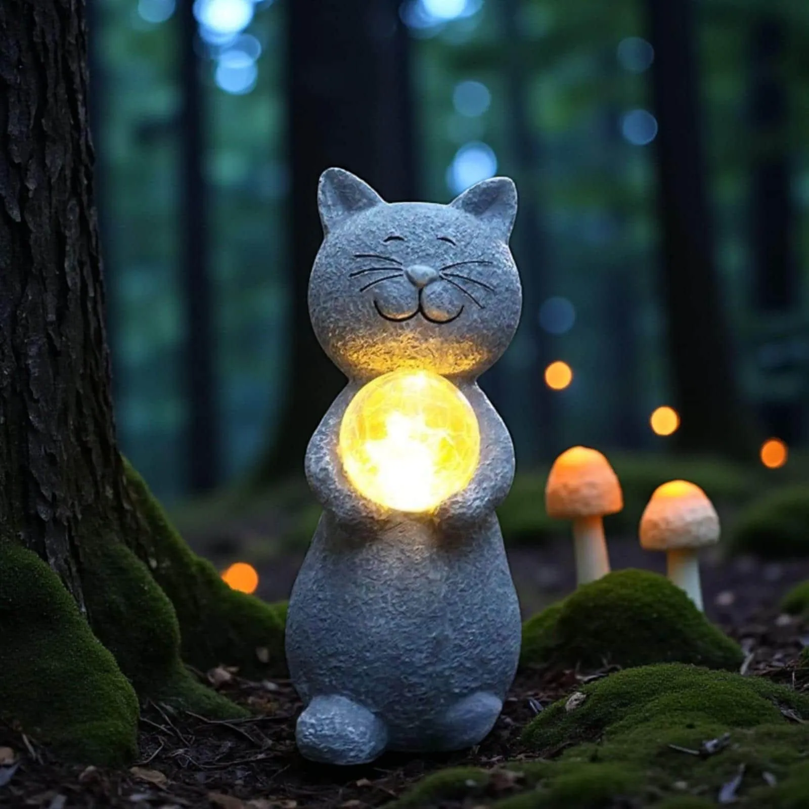 Solar-Powered Outdoor for Cat Statue with Auto-On LED Light