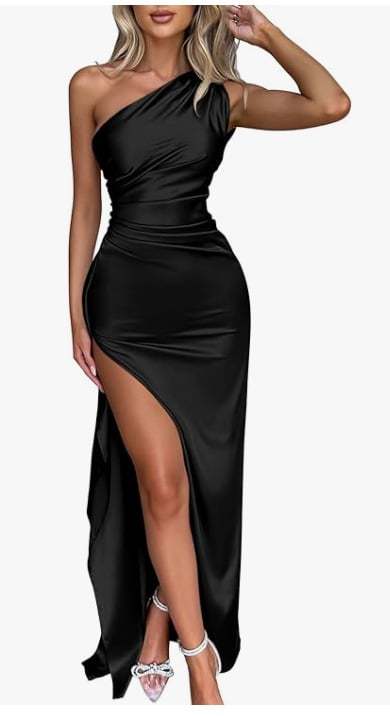 Women's Sexy One Shoulder Satin High Split Cocktail Fit Wedding Party Maxi Formal Dress