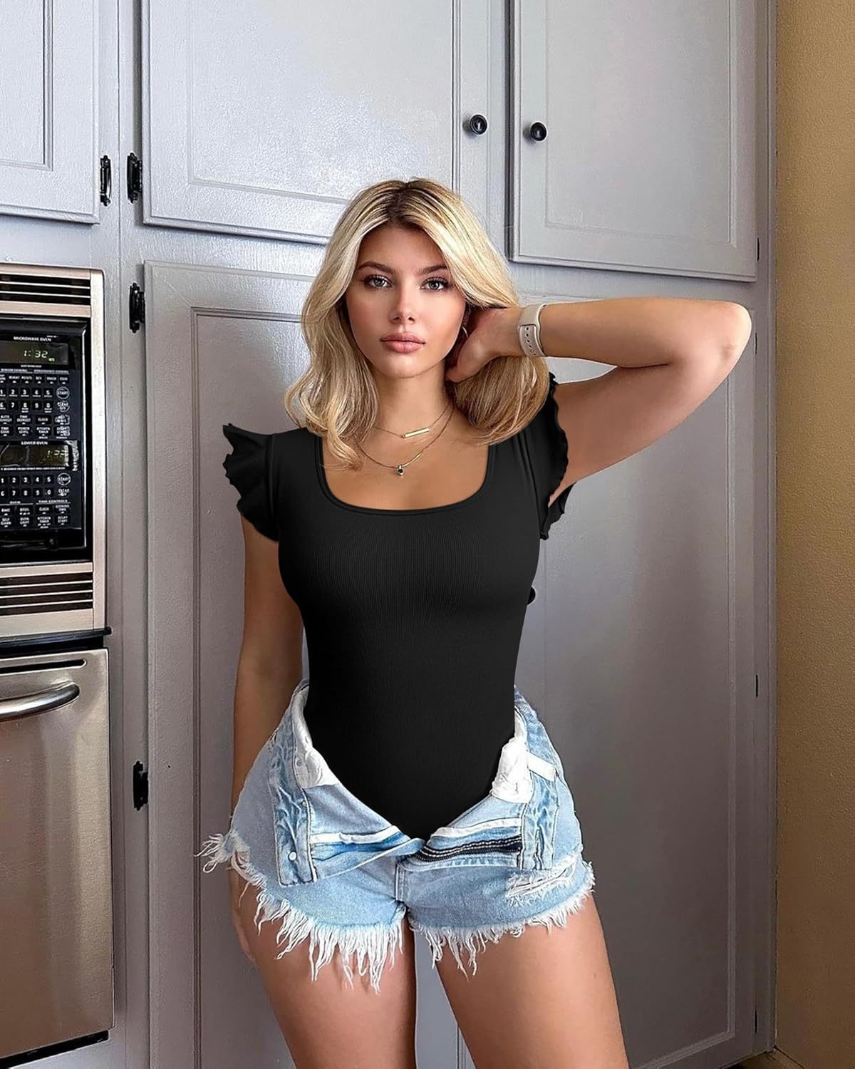 Vibecurve® Sexy Ribbed Square Neck Ruffles Sleeve Stretch Fit Basic Tank Tops Bodysuits