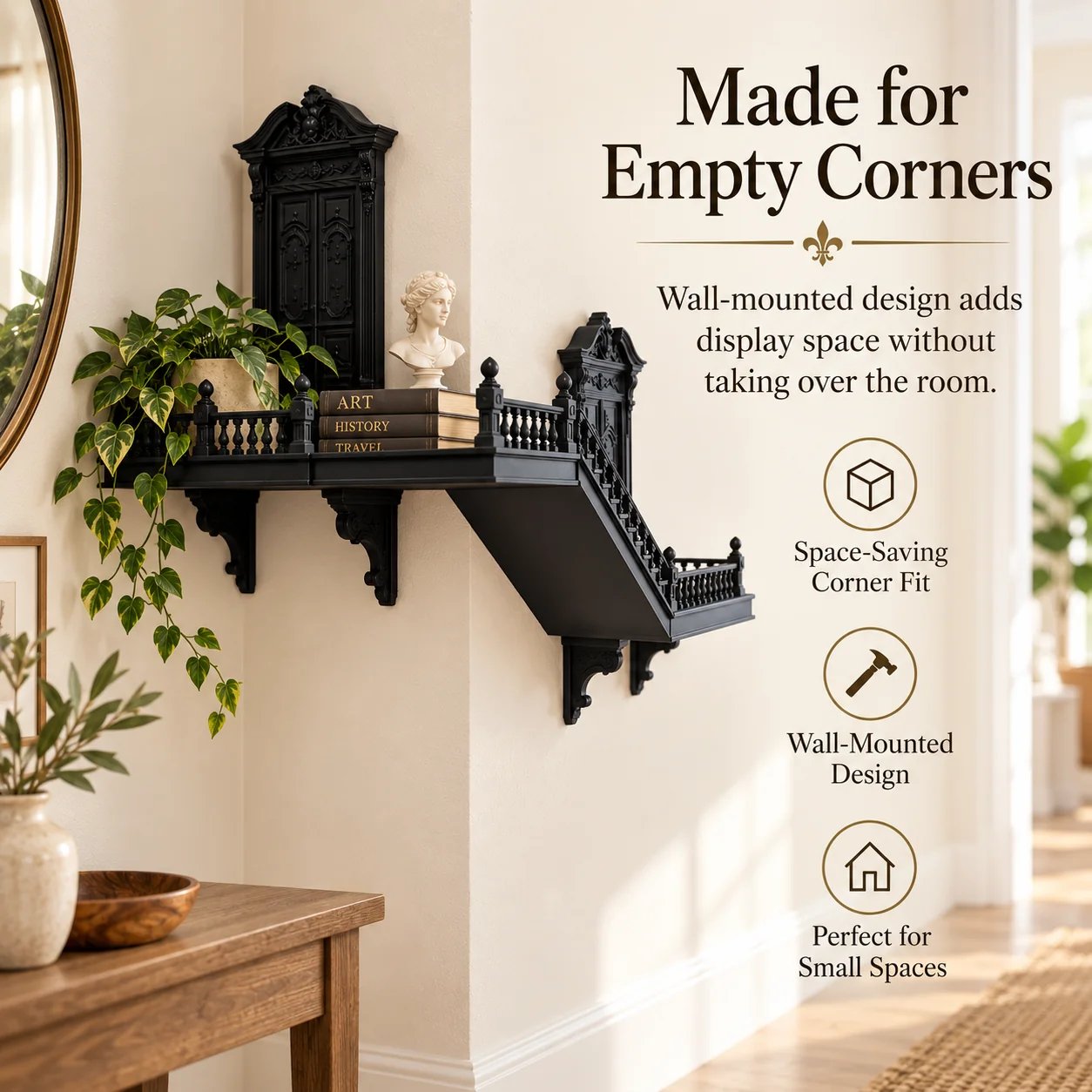 Gothic corner shelf styled with books and decorative objects