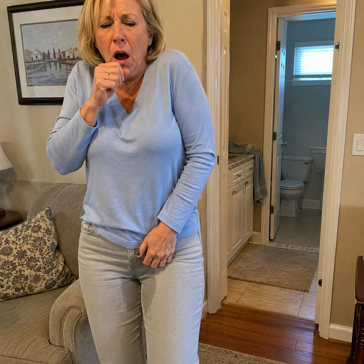 Woman coughing near a bathroom doorway