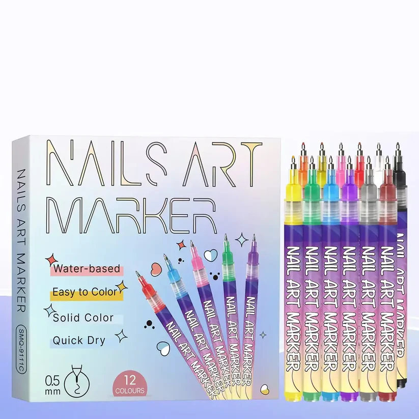 12-Color Ultra-Fine Nail Art Pen Set (0.5mm) - Waterproof & Quick Dry