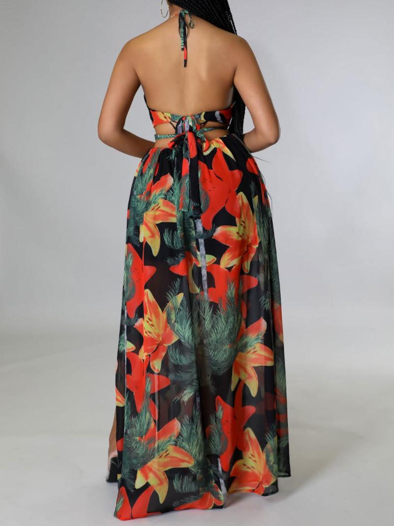Women's Floral Print Chain Decor Split Thigh Dress