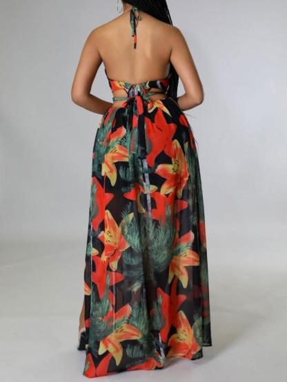 Women's Floral Print Chain Decor Split Thigh Dress