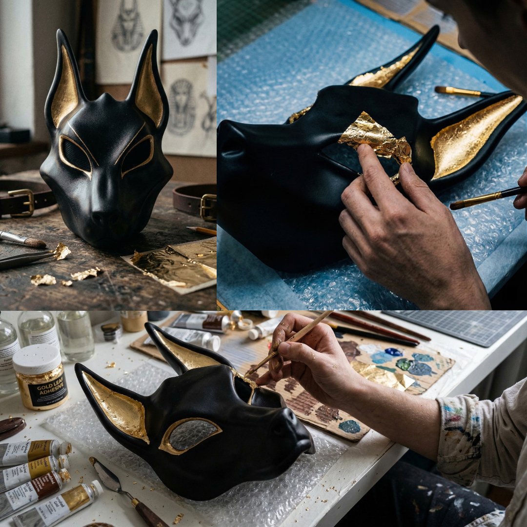 Egyptian Anubis Mask: Hand-Painted Faux Gold Leaf Jackal Mask for Cosplay & Luxury Wall Decor