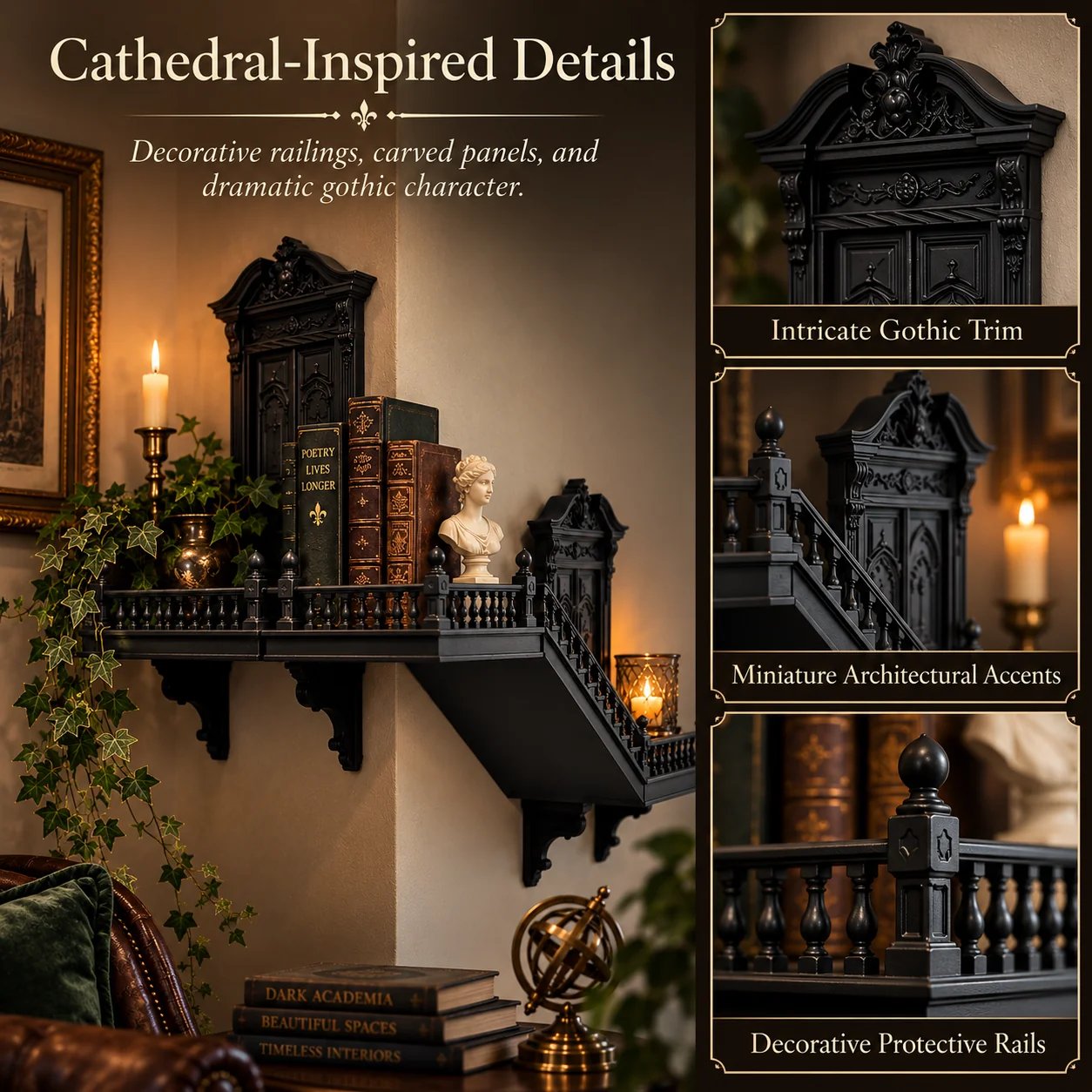 Vintage gothic corner display shelf styled in a home interior