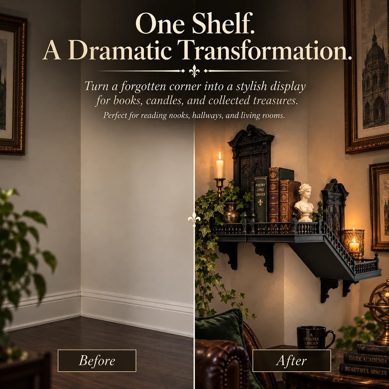 Corner display shelf shown as a compact wall-mounted feature