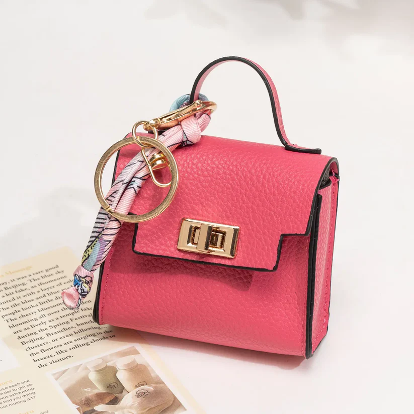 Mini Leather Bag Keychain with Colorful Strap