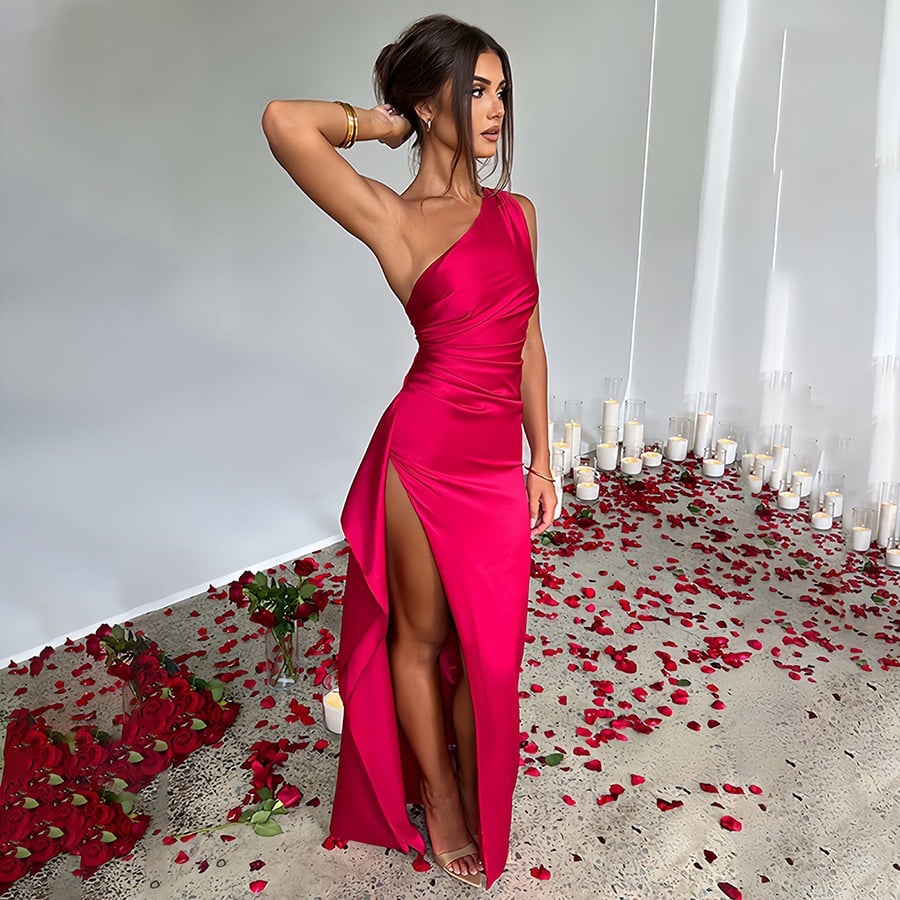 Women's Sexy One Shoulder Satin High Split Cocktail Fit Wedding Party Maxi Formal Dress