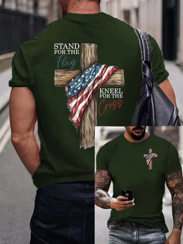 Men's Stand For The Flag Kneel For The Cross Printed Casual T-Shirt