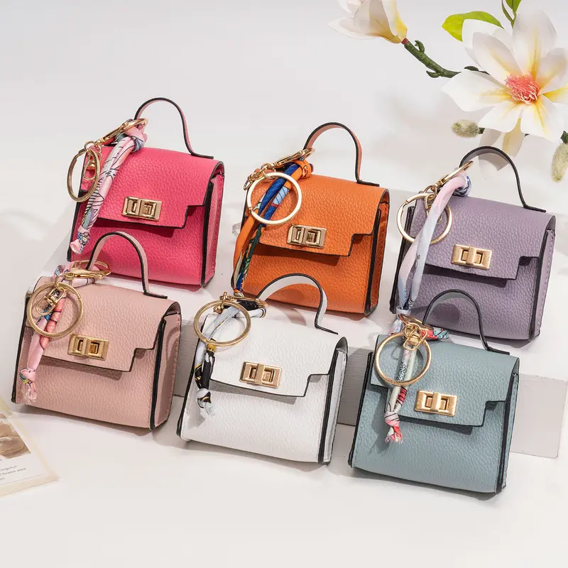 Mini Leather Bag Keychain with Colorful Strap