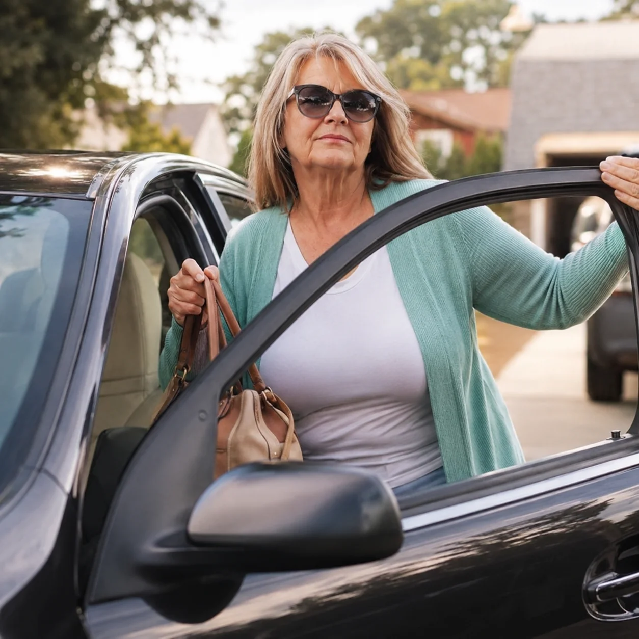 Woman stepping out of her car