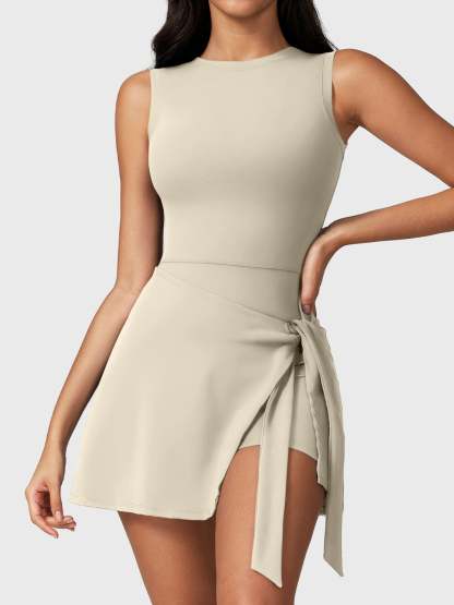 Front view of Yeoreo Renee Sleeveless Tennis Dress in Light Khaki – boat neckline, tie waist design