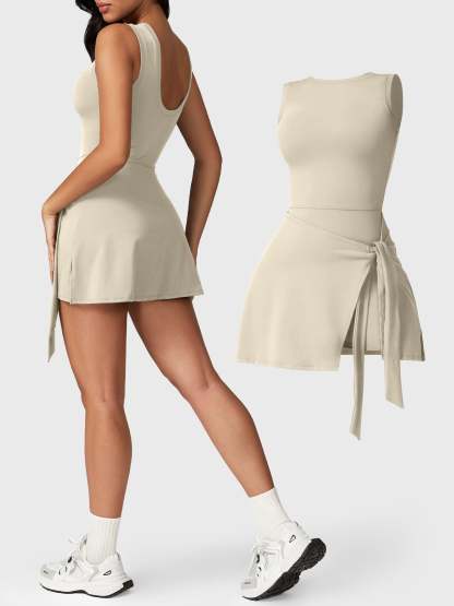 Side-back view and front 3D of Yeoreo Renee Sleeveless Tennis Dress in Light Khaki– showcasing fit