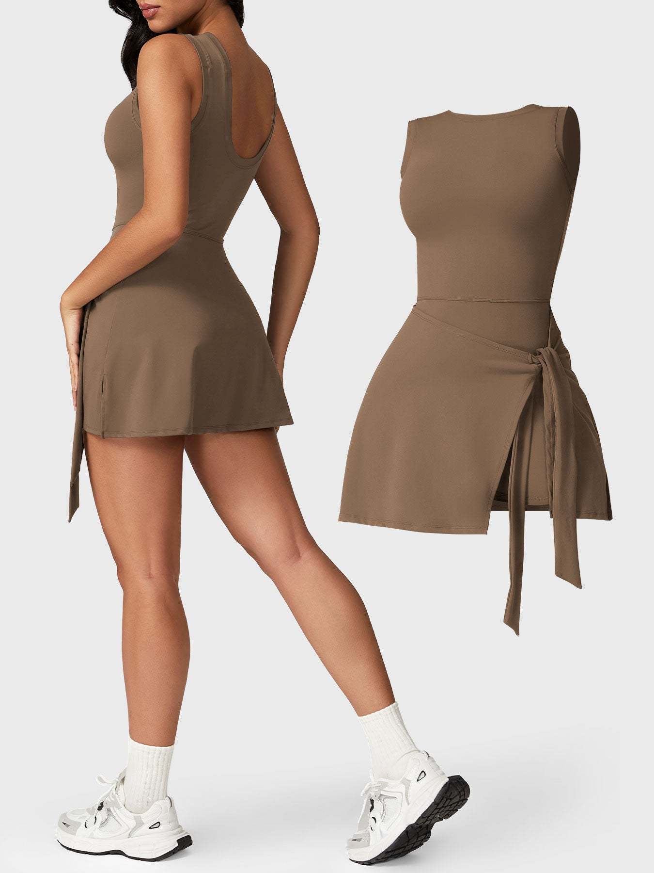 Side-back view and front 3D of Yeoreo Renee Sleeveless Tennis Dress in Brown– showcasing fit