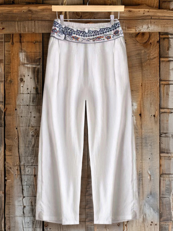 Elastic Waisted Cropped Trousers With Embroidery Details