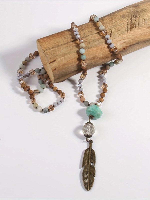 Tribal Feather Pendant Beaded Necklace