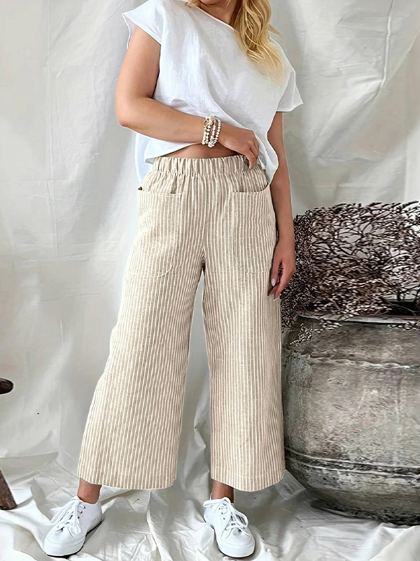 Casual Striped Pocket Cropped Pants