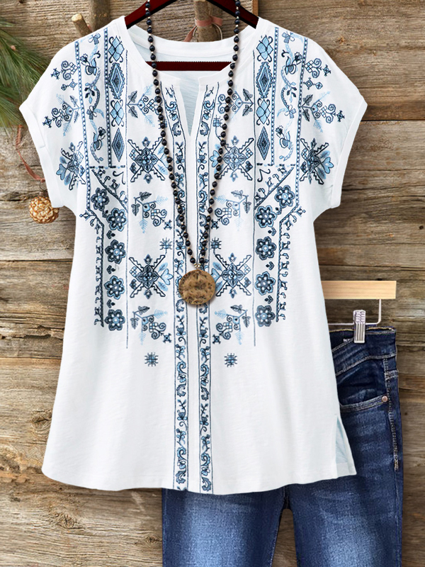 Blue Printed Notched V-Neck Tee