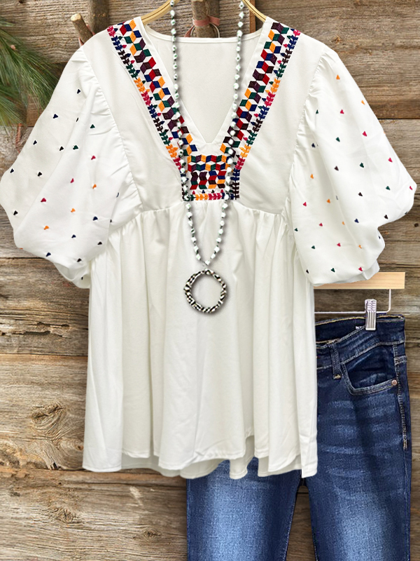 Embroidered V-Neck Puff Sleeve Top