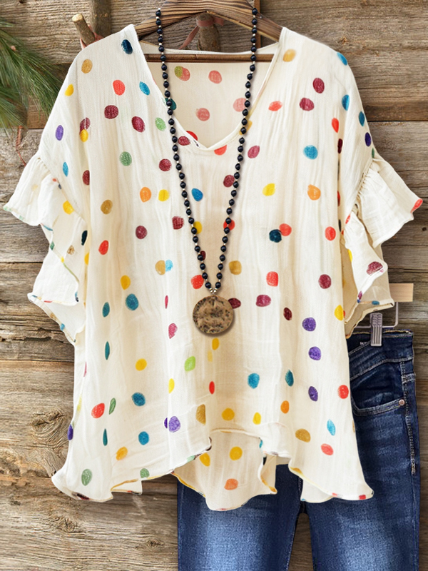 Cute Colorful Polka Dot Cotton Linen Top