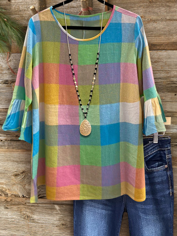 Colorful Plaid Ruffle Sleeve Cotton Top