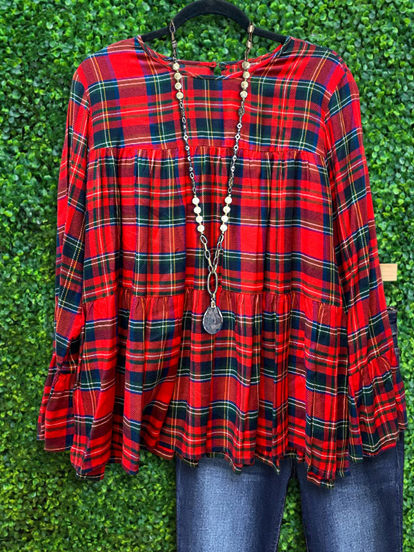 Plaid Ruffled Sleeve Ruched Top