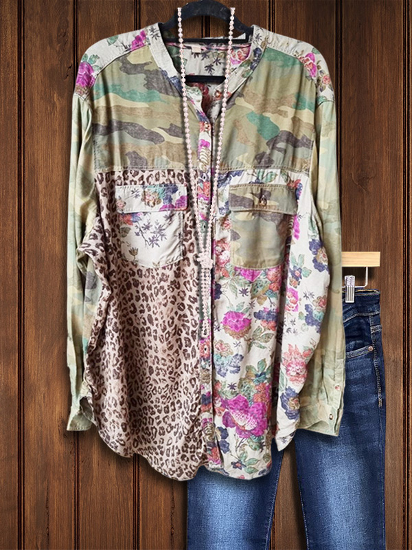 Relaxed Camo Leopard Floral Buttondown Tunic Blouse