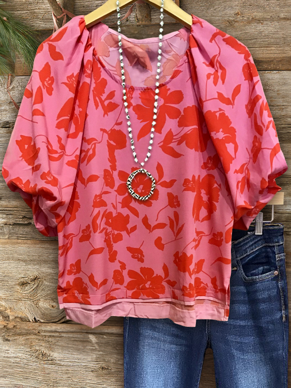Rose Red Floral Puff Sleeve Top