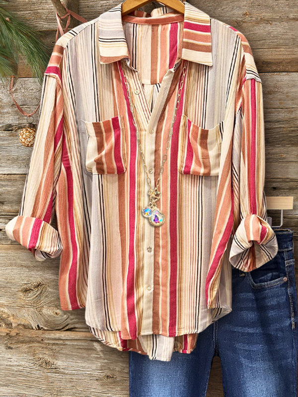 Colorful Striped Blouse With Pockets