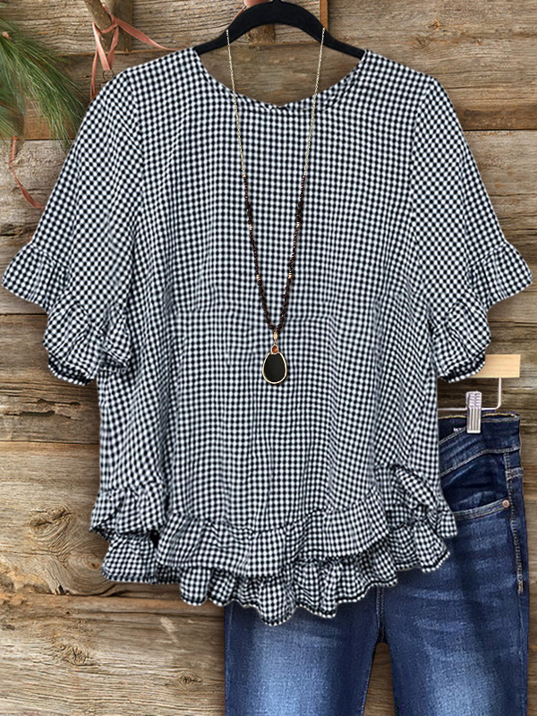 Plaid Top With Ruffle Detail