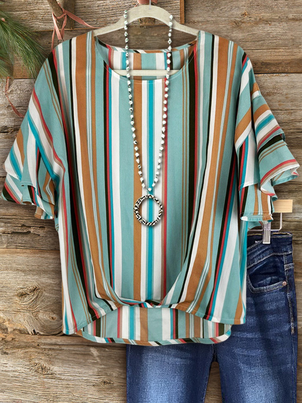 Colorful Striped Ruffle Sleeve Top