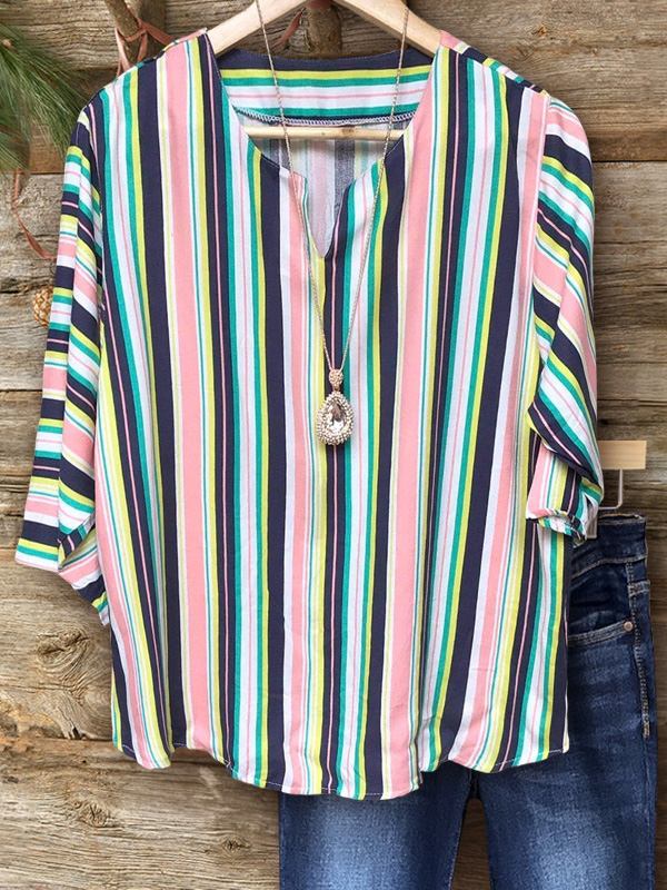 Comfy Colorful Striped Mid-Sleeve Top