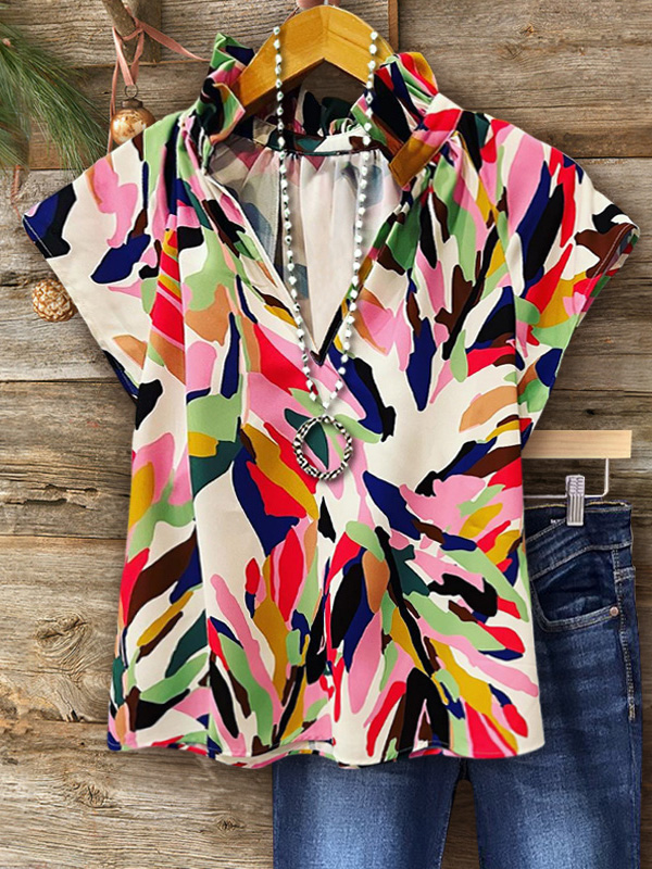 Abstract Print V-Neck Top