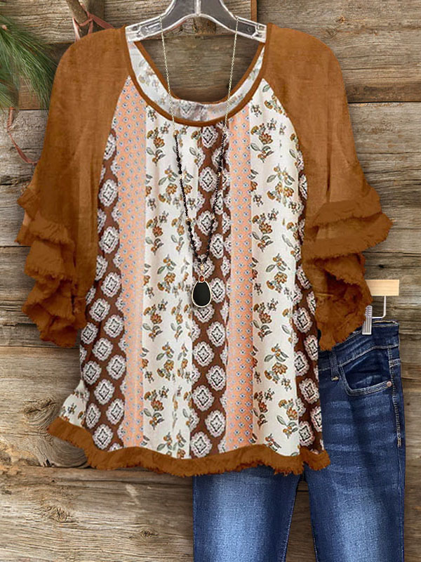 Mixed Print Double Fringed Top
